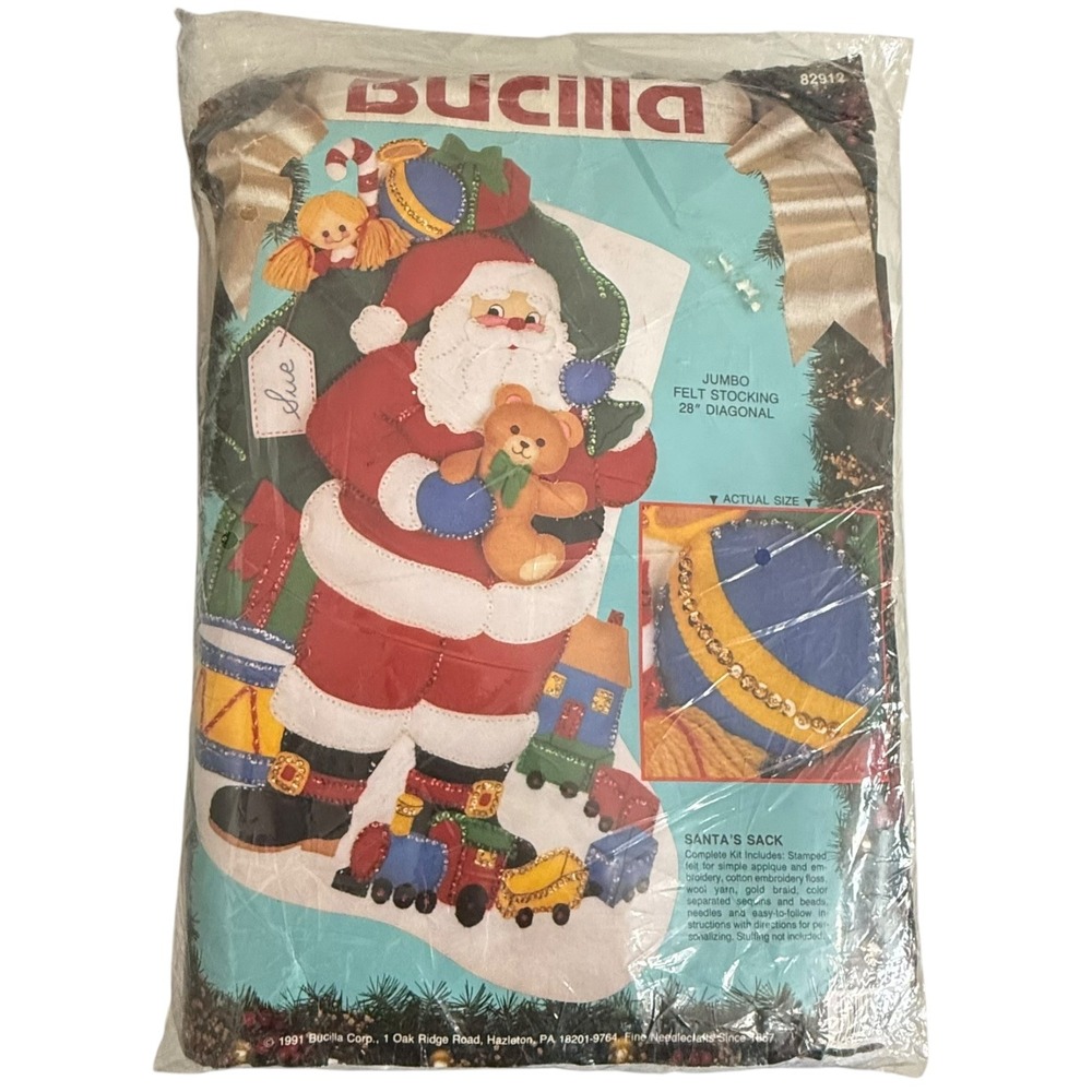 Vintage 1991 Bucilla Santas Sack Jumbo Felt Stocking Kit 82912 DIY 28 Inch Santa